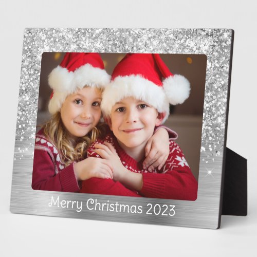 Glittery Silver Glam Christmas Family Photo Plaque