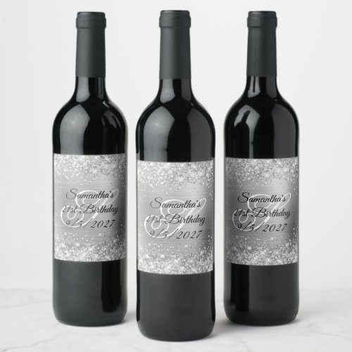 Glittery Silver Glam Monogram 21st Birthday Wine Label
