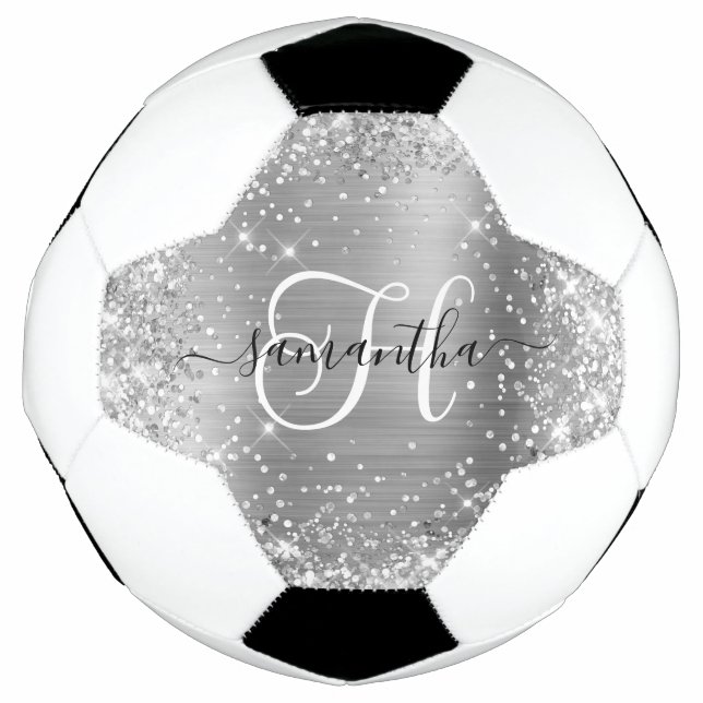 Glittery Silver Glam Monogram Soccer Ball (Front)