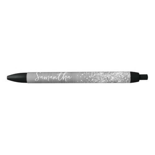 Glittery Silver Glam Name Black Ink Pen