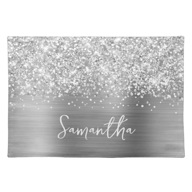 Glittery Silver Glam Name Cloth Placemat (Front)