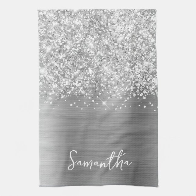 Glittery Silver Glam Name Kitchen Towel (Vertical)