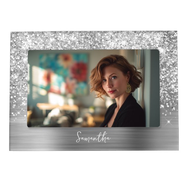 Glittery Silver Glam Name Magnetic Frame (Glittery Silver Glam Name Magnetic Frame)