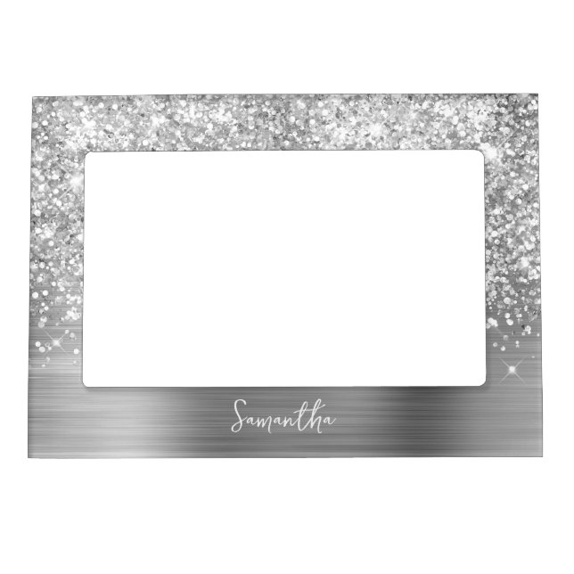 Glittery Silver Glam Name Magnetic Frame (Front)