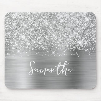Glittery Silver Glam Name Mouse Pad