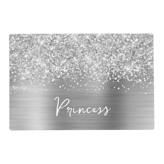 Glittery Silver Glam Name Pet Food Mat (Front)