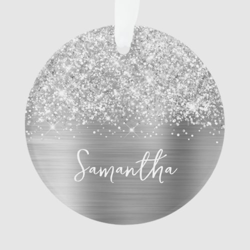 Glittery Silver Glam Name Photo Ornament