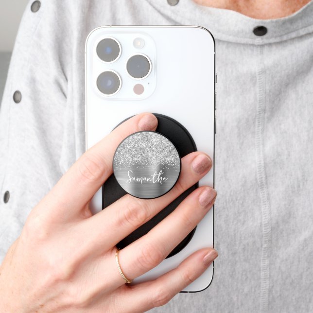 Glittery Silver Glam Name PopSocket (Hand)