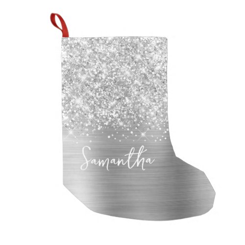 Glittery Silver Glam Name Small Christmas Stocking