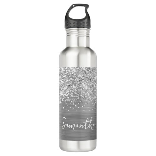 Glittery Silver Glam Name Stainless Steel Water Bottle