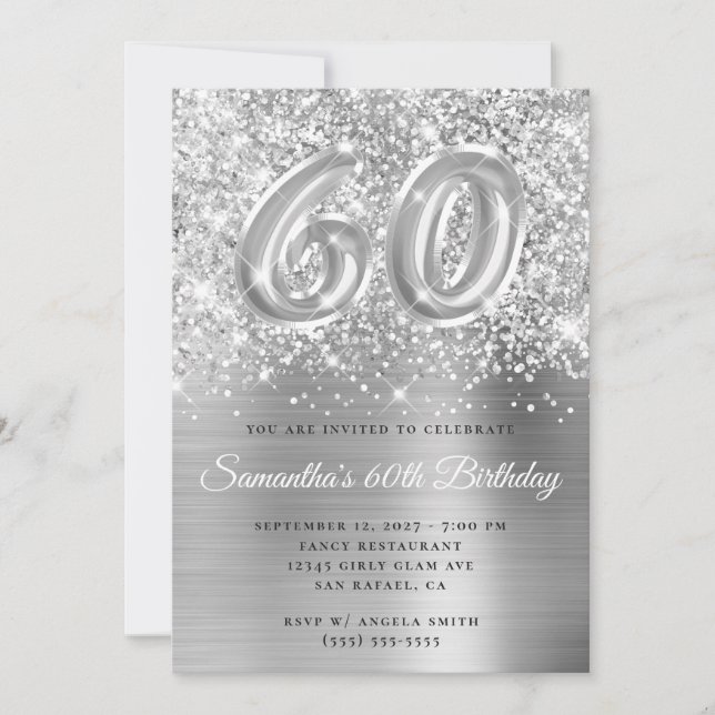 Glittery Silver Glam Number 60th Birthday Invitation (Front)