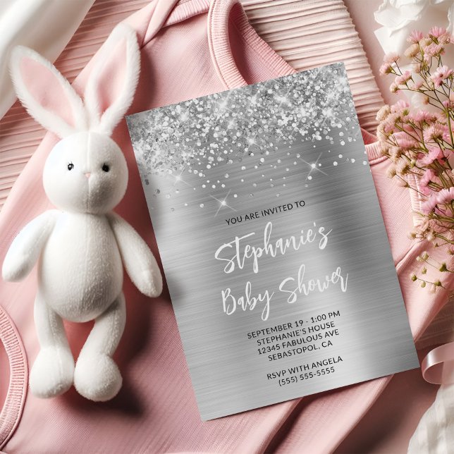 Glittery Silver Glam Online Registry Baby Shower Invitation (Glittery Silver Glam Online Registry Baby Shower Invitation)