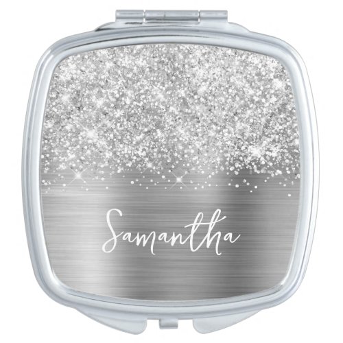 Glittery Silver Glam Script Name Compact Mirror