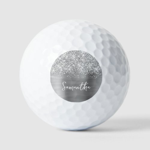 Glittery Silver Glam Script Name Golf Balls