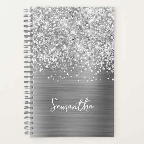 Glittery Silver Glam Script Name Notebook