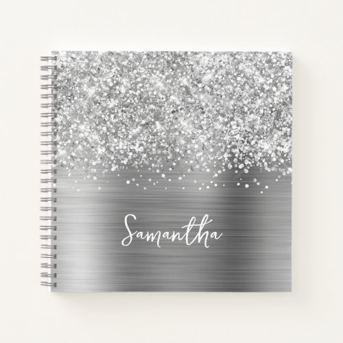 Glittery Silver Glam Script Name Notebook