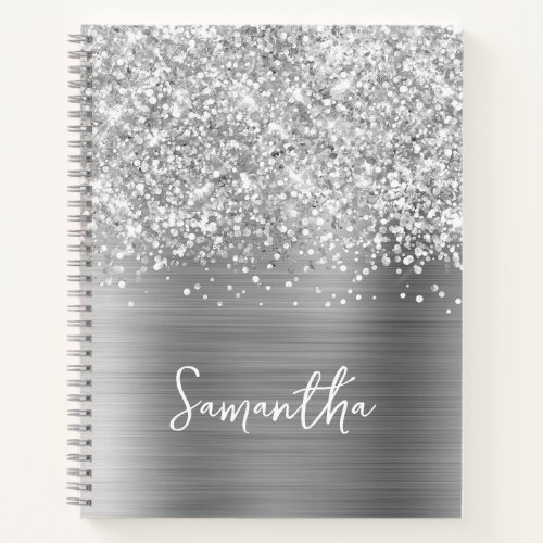 Glittery Silver Glam Script Name Notebook