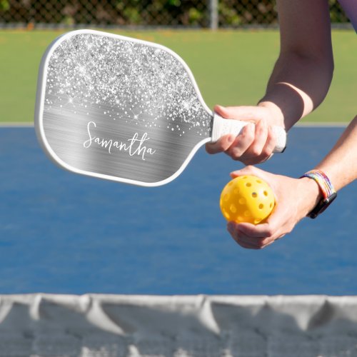 Glittery Silver Glam Script Name Pickleball Paddle