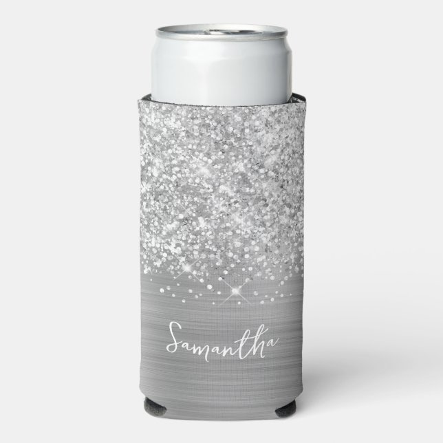 Glittery Silver Glam Script Name Seltzer Can Cooler (Seltzer Front)