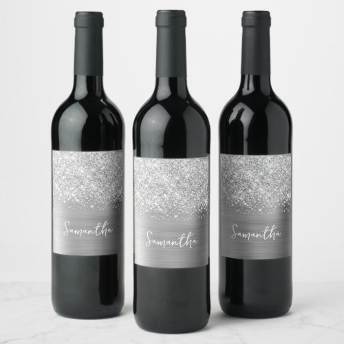 Glittery Silver Glam Script Name Wine Label