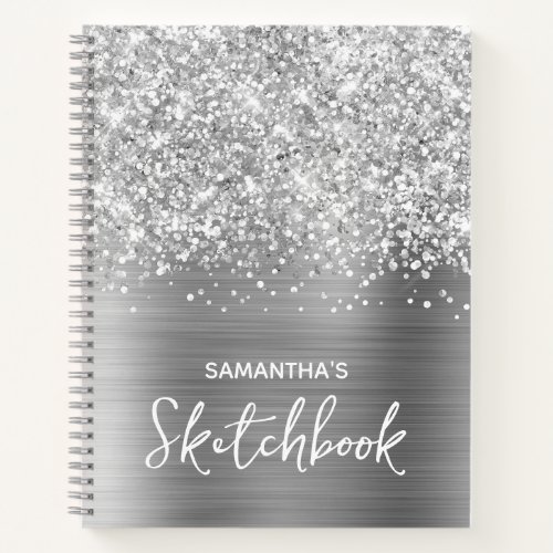 Glittery Silver Glam Sketchbook with Name Notebook
