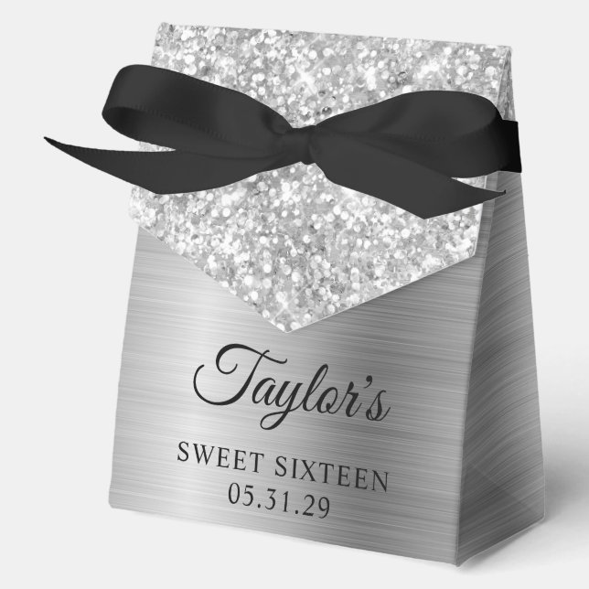 Glittery Silver Glam Sweet Sixteen Favor Boxes (Front)