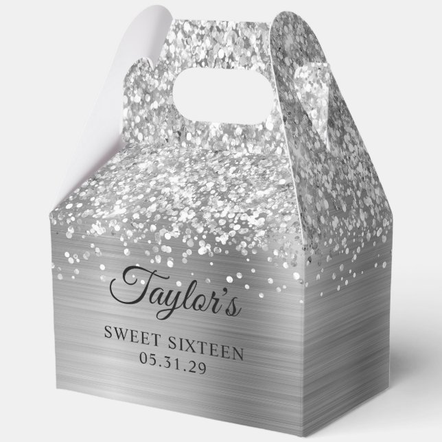 Glittery Silver Glam Sweet Sixteen Favor Boxes (Front)
