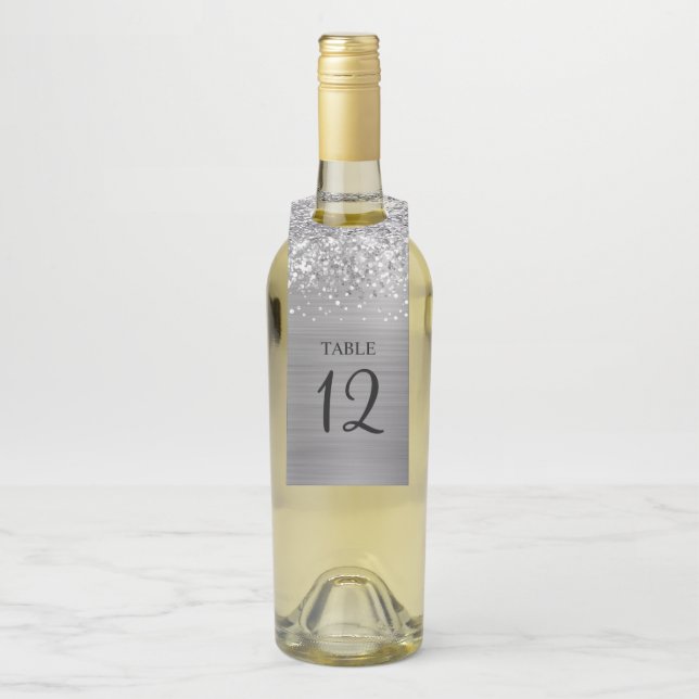 Glittery Silver Glam Table Number Bottle Hanger Tag (On Bottle)