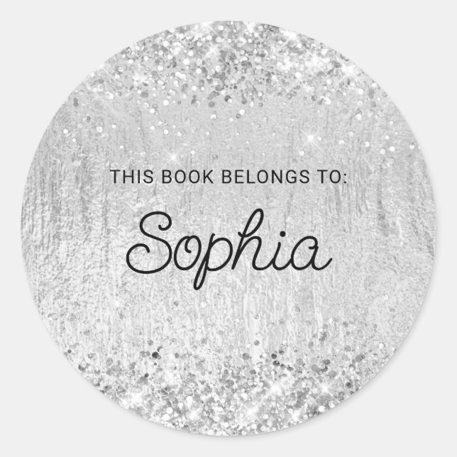 Glittery Silver Glam Texture Book Classic Round Sticker (Front)