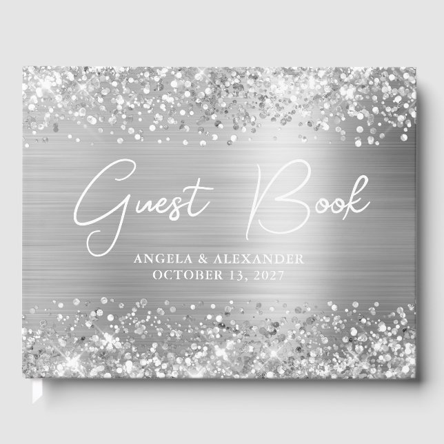 Glittery Silver Glam Wedding Guest Book (Front)