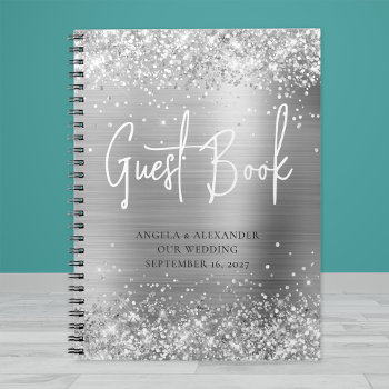 Glittery Silver Glam Wedding Guestbook Notebook by annaleeblysse at Zazzle