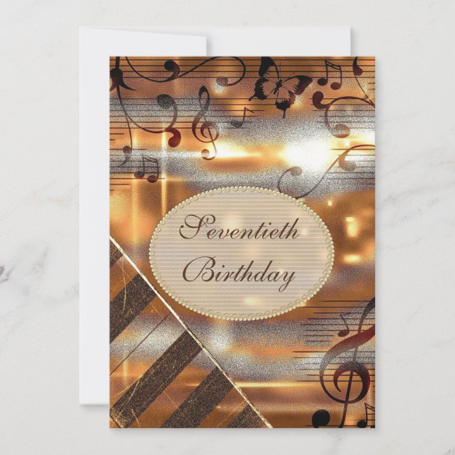 Glittery Silver & Gold Music Notes 70th Birthday Invitation (Front)