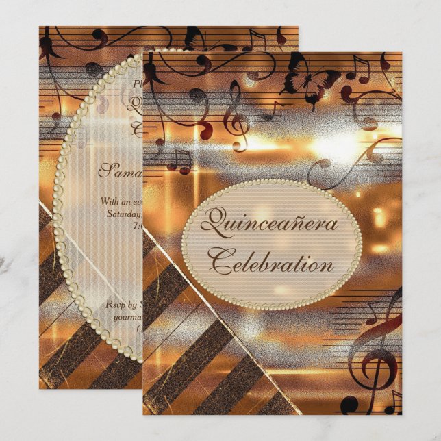 Glittery Silver & Gold Music Notes Quinceañera Invitation (Front/Back)