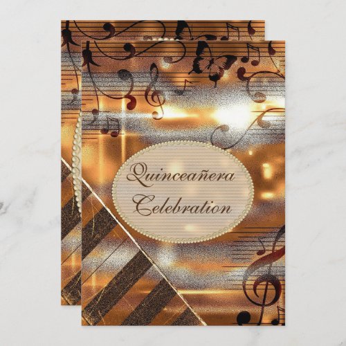 Glittery Silver  Gold Music Notes Quinceaera Invitation