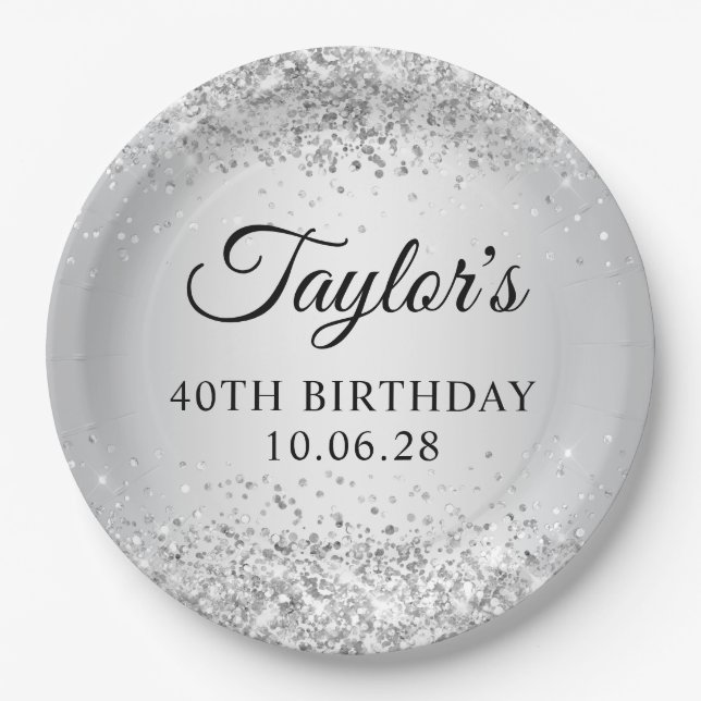 Glittery Silver Gradient 40th Birthday Paper Plates (Front)