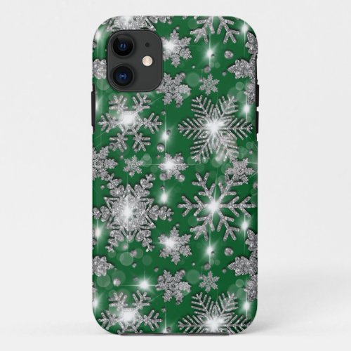 Glittery silver green festive snowflake pattern   iPhone 11 case