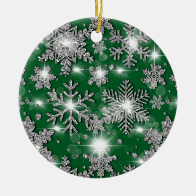 Glittery silver green festive snowflake pattern   ceramic ornament (Front)