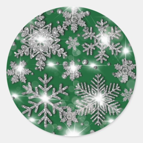 Glittery silver green festive snowflake pattern    classic round sticker