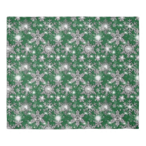 Glittery silver green festive snowflake pattern    duvet cover