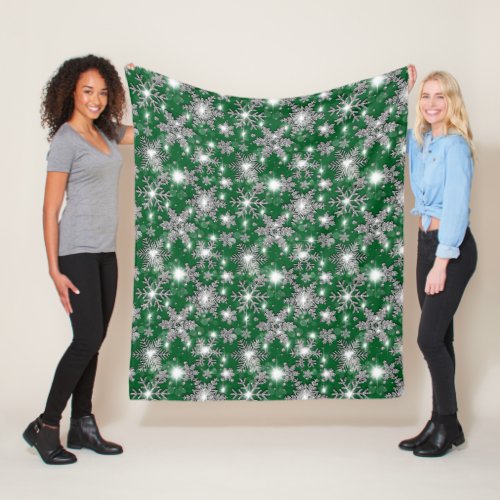 Glittery silver green festive snowflake pattern   fleece blanket