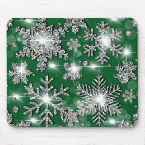 Glittery silver green festive snowflake pattern mouse pad