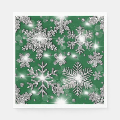 Glittery silver green festive snowflake pattern   napkins