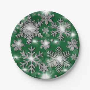 Glittery silver green festive snowflake pattern  paper plates