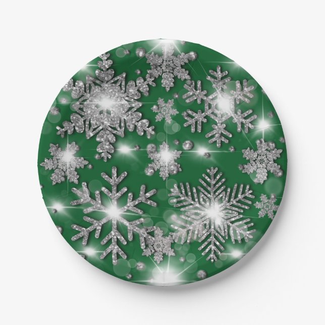Glittery silver green festive snowflake pattern  paper plates (Front)