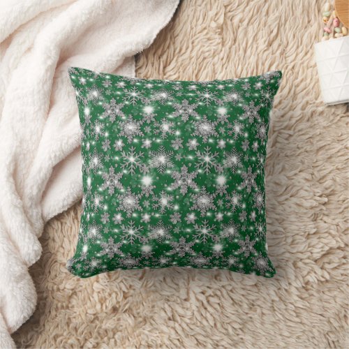 Glittery silver green festive snowflake pattern   throw pillow
