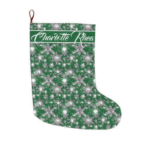 Glittery silver green festive snowflakes pattern   large christmas stocking