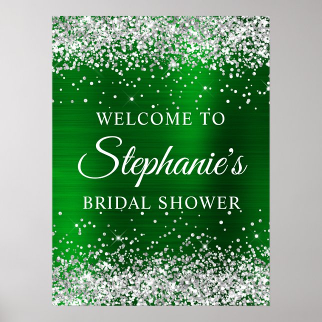 Glittery Silver Green Foil Bridal Shower Welcome Poster (Front)