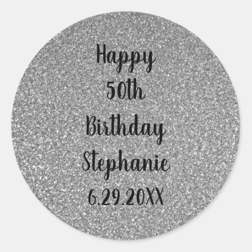 Glittery Silver Grey Custom Happy Birthday Name Classic Round Sticker