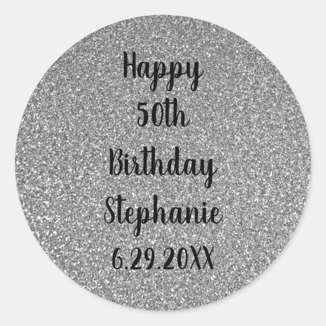 Glittery Silver Grey Custom Happy Birthday Name Classic Round Sticker (Front)