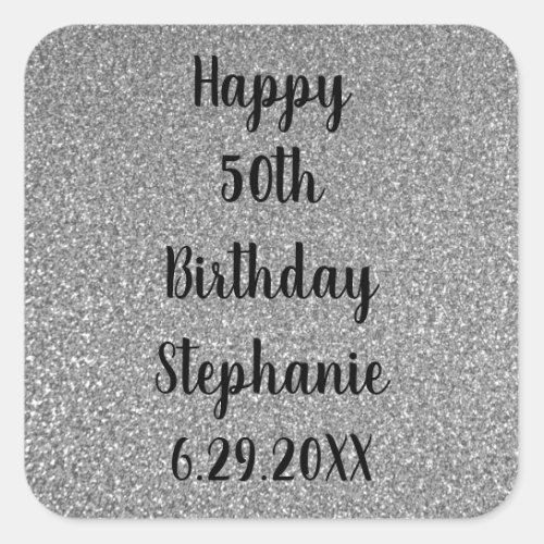 Glittery Silver Grey Custom Happy Birthday Name Square Sticker